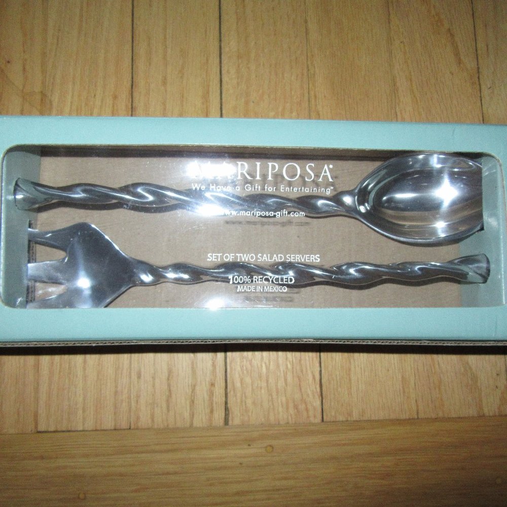 NIB MARIPOSA SALAD SERVERS/FORK/SPOON/SILER TONE/MADE IN MEXICO/RECYCLED!